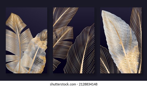 Luxury black and white background with golden feathers. Stylish art design in the art line for interior design, decor, wallpaper