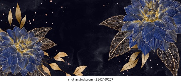 Luxury black and white background with golden leaves and dahlia flowers. Botanical background in line art style