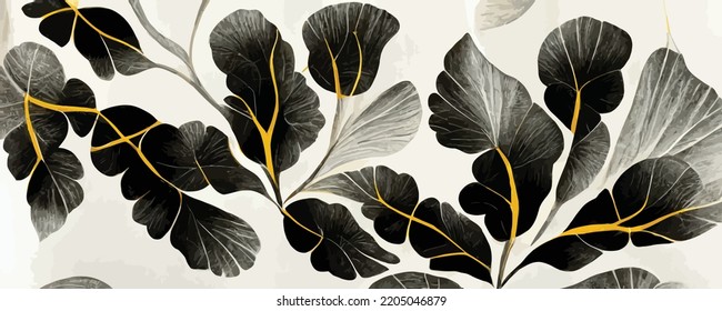 luxury black and white background with golden ginkgo leaves