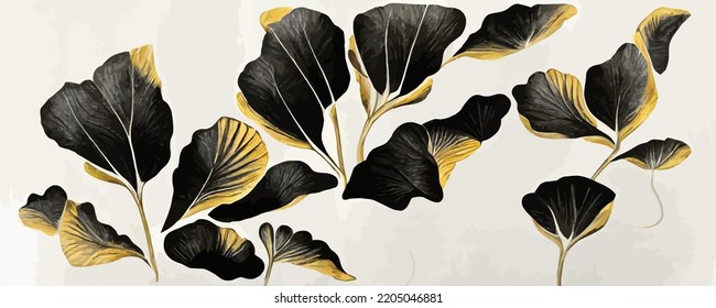 luxury black and white background with golden ginkgo leaves