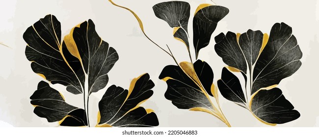 luxury black and white background with golden ginkgo leaves