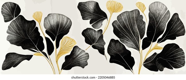 luxury black and white background with golden ginkgo leaves