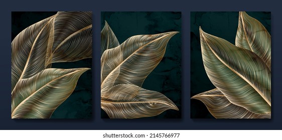 Luxury black and white background with tropical gold and green leaves in line art style. Stylish botanical poster set for packaging design, interior design, wallpaper