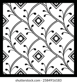 Luxury Black and White Floral Pattern | Stylish Geometric Tile Design for Fabric, Interior, Wallpaper, and Fashion | Classic Digital Texture with Ornamental Aesthetic and Sophisticated Elegance