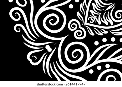 luxury BLACK AND WHITE traditional Indonesian Dayak batik design with aesthetic gradient background
