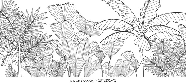 Vector de fondo de planta tropical blanco y negro de lujo. Patrón floral con palma tropical dorada, cocotero, planta de Philodendron dividida en hojas, Plantas de jungla alineadas en fondo blanco.