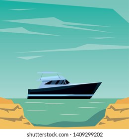 Luxury black yatch fast sea travel leisure exploration trip peninsula shore background vector illustration graphic design