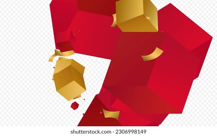 Luxury Block Fly Art Vector Transparent Background. 3d Element Flying Technology Wallpaper. Orange Shape Realistic Banner. Party Box Render Design.