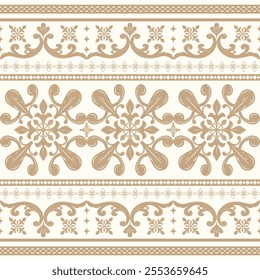 Luxury Blooming Flowers Scroll Ornament Filigree Gold Decoration on Beige Background. Elaborate Baroque Arts Pattern for Interior Fabric Apparel Texture Decoration. Exquisitely Seamless Border Vector.