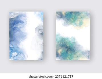 Luxury blue abstract background set of marble liquid ink art painting on paper. Original artwork watercolor alcohol ink paint. Vector illustration.