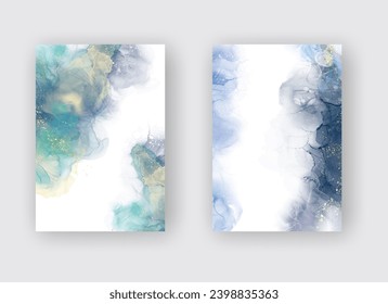 Luxuriöse, blaue abstrakte Hintergrundbilder mit einer Flüssig-Tinte aus Marmor auf Papier. Originale Kunstwerke Aquarellfarbe Alkoholfarbe Farbe. Vektorgrafik.