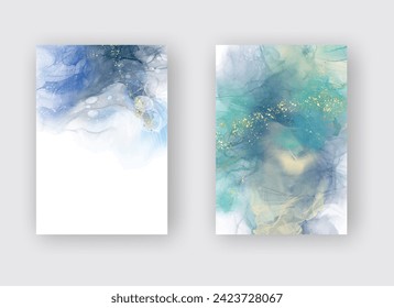 Luxury blue abstract background set of marble liquid ink art painting on paper. Original artwork watercolor alcohol ink paint. Vector illustration.