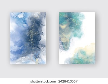 Luxury blue abstract background set of marble liquid ink art painting on paper. Original artwork watercolor alcohol ink paint. Vector illustration.