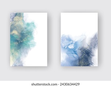 Luxury blue abstract background set of marble liquid ink art painting on paper. Original artwork watercolor alcohol ink paint. Vector illustration.