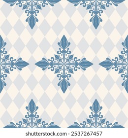 Luxury Blue Argyle Seamless Pattern Vector in Wonderland on Geometric Diamond Beige Background. Richness Lace Classy Shades of Royal Blue. Traditional Royal Victorian Checkered Styles Opulence Design.