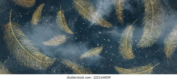 Luxury blue art background with golden feathers in line style with watercolor texture. Hand drawn vector banner for wallpaper design, packaging, textile, decor, print.