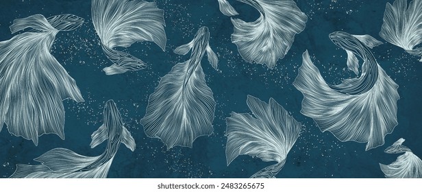 Luxury blue art background with hand drawn koi fish in line art style. Vector banner with oriental pattern for wallpaper, decor, print, textile, poster, interior design.