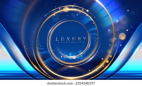 Luxury blue background with gold circle frame elements and glitter light effects decoration and bokeh. Award ceremony scene. Vector illustration.