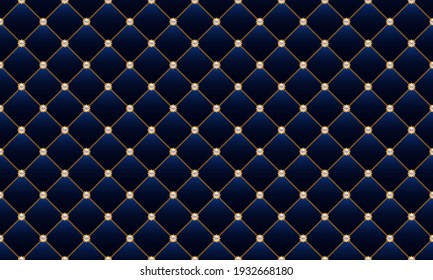 Luxury blue background with golden chains and pearl beads. Seamless vector illustration. Upholstery background.