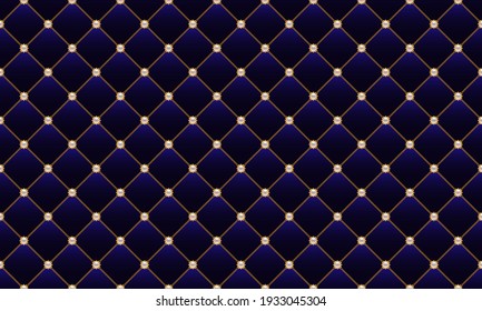 Luxury blue background with golden chains and pearl beads. Seamless vector illustration. Upholstery background.