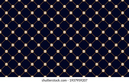 Luxury blue background with golden chains and pearl beads. Seamless vector illustration. Upholstery background.