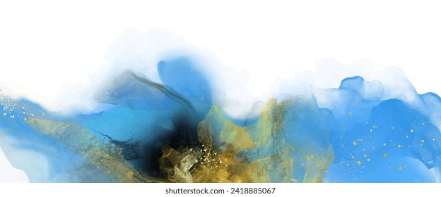 Luxury blue, black, gold abstract background of marble liquid ink art painting on paper. Original artwork watercolor alcohol ink paint. Vector illustration.