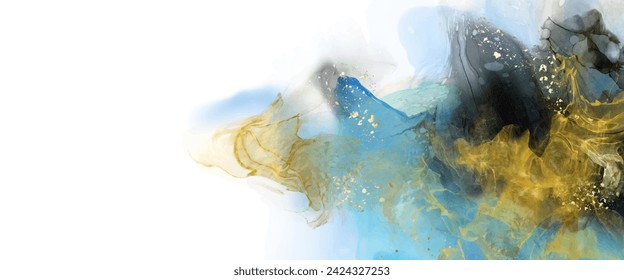 Luxury blue, black, gold abstract background of marble liquid ink art painting on paper. Original artwork watercolor alcohol ink paint. Vector illustration.