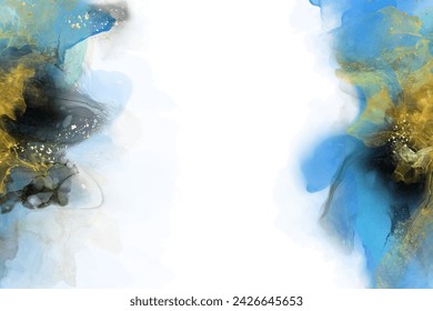 Luxury blue, black, gold abstract background of marble liquid ink art painting on paper. Original artwork watercolor alcohol ink paint. Vector illustration.