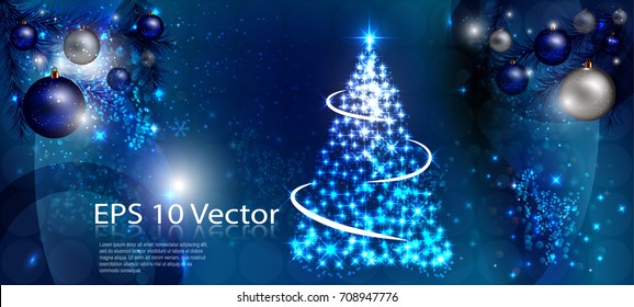 Luxury Blue Christmas Banner With Illuminated Xmas Tree & Snowflakes & Sparkles. 3D Vector Illustration