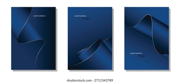 Diseño de Vector de cubierta azul de lujo. Conjunto de diseño de cubierta azul con papel plegado abstracto y línea de oro. Traje para la cubierta, invitación, premio, informe anual y otros