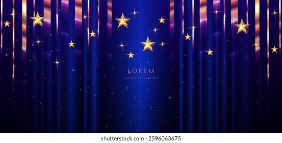 Luxury blue curtain background with golden satr elegant. Happy party celebration. Festive decoration vector illustration 