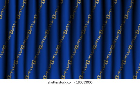 luxury blue drapes curtain with gold stripe band european pattern (vector)