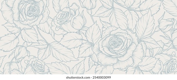 Luxury blue floral background. Elegant Rose flowers in line art style. Vector illustration for decoration, wall decor, wallpaper, cover, banner, poster, card, wedding invitation