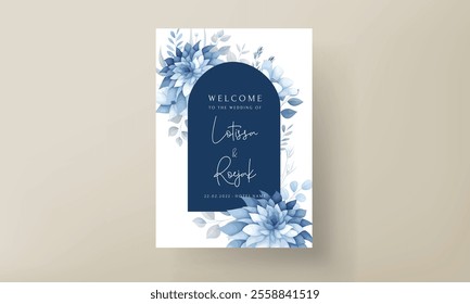 luxury blue flower and leaves wedding invitation card