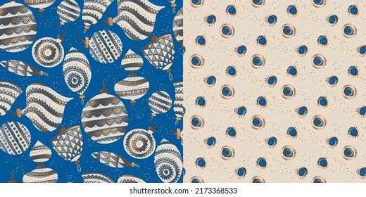 Luxury blue and gold Christmas seamless pattern. Xmas hand-drawn ornaments rapport. Vector Christmas baubles rapport or motif for print, textile, fabric, sublimation, wrapping paper, web and print.