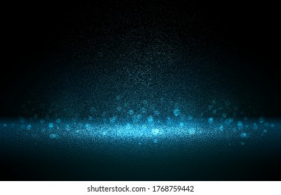 Luxury blue gold glitter particles on black background. Blue glowing lights magic effects. Glow sparkles, vector illustration.