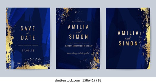 Luxury Blue And Gold Invite Card, Vector Invitation Design With Golden Brush, Gold Powder And Blue Watercolor Decoration Style Background Design For Wedding And Cover Design Template.