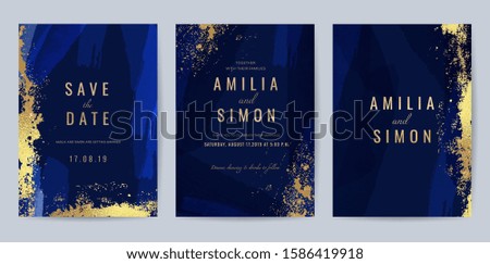 Luxury Blue and Gold invite card, Vector invitation design with golden brush, Gold Powder and blue watercolor decoration style background design for wedding and cover design template.