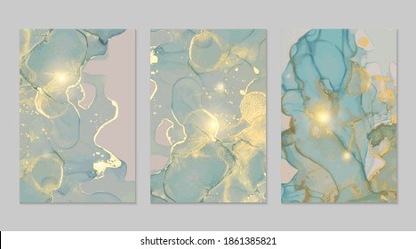 Luxury blue, grey and gold marble abstract background set. Alcohol ink technique vector stone textures. Creative paint in natural colors with glitter. Template for banner, poster design. Fluid art