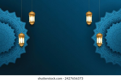 luxury blue mandala eid mubarak ramadan or ramadhan islamic background banner frame.Translation: "Muslim fasting month and celebration day after fasting"