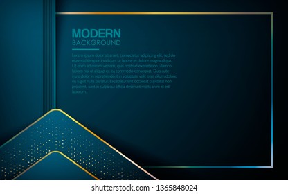 Luxury blue overlap layers abstract background. Modern shape with light golden line and golden glitters element decoration. Realistic dimension design vector illustration.