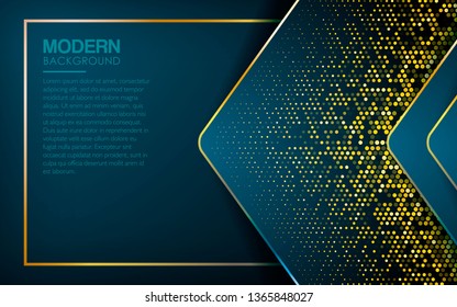 Luxury blue overlap layers abstract background. Modern shape with light golden line and golden glitters element decoration. Realistic dimension design vector illustration.