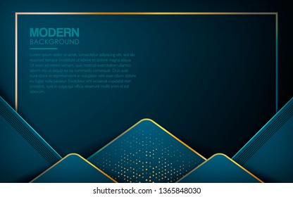 Luxury blue overlap layers abstract background. Modern shape with light golden line and golden glitters element decoration. Realistic dimension design vector illustration.