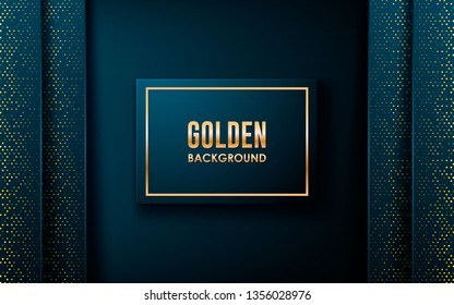 Luxury blue overlap layers background. Golden list on blue square and golden glitters. Realistic backdrop can use for website and print.
