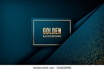 Luxury blue overlap layers background. Golden list on blue square and golden glitters. Realistic backdrop can use for website and print.