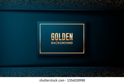 Luxury blue overlap layers background. Golden list on blue square and golden glitters. Realistic backdrop can use for website and print.