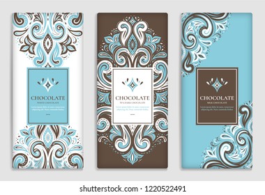 Luxury blue packaging design of chocolate bars. Vintage vector ornament template. Elegant, classic elements. Great for food, drink and other package types. Can be used for background and wallpaper. 