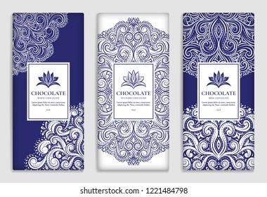 Luxury blue packaging design of chocolate bars. Vintage vector ornament template. Elegant, classic elements. Great for food, drink and other package types. Can be used for background and wallpaper. 