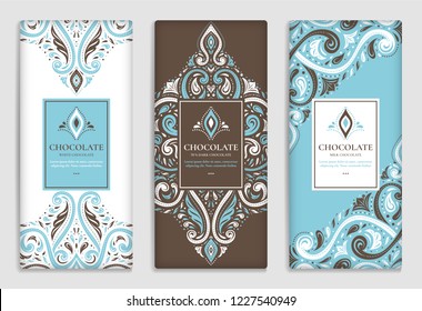Luxury blue packaging design of chocolate bars. Vintage vector ornament template. Elegant, classic elements. Great for food, drink and other package types. Can be used for background and wallpaper. 