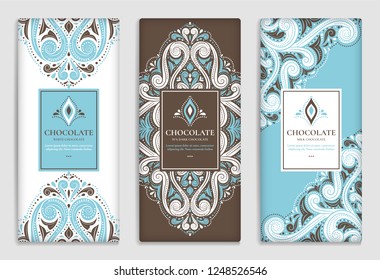 Luxury blue packaging design of chocolate bars. Vintage vector ornament template. Elegant, classic elements. Great for food, drink and other package types. Can be used for background and wallpaper. 